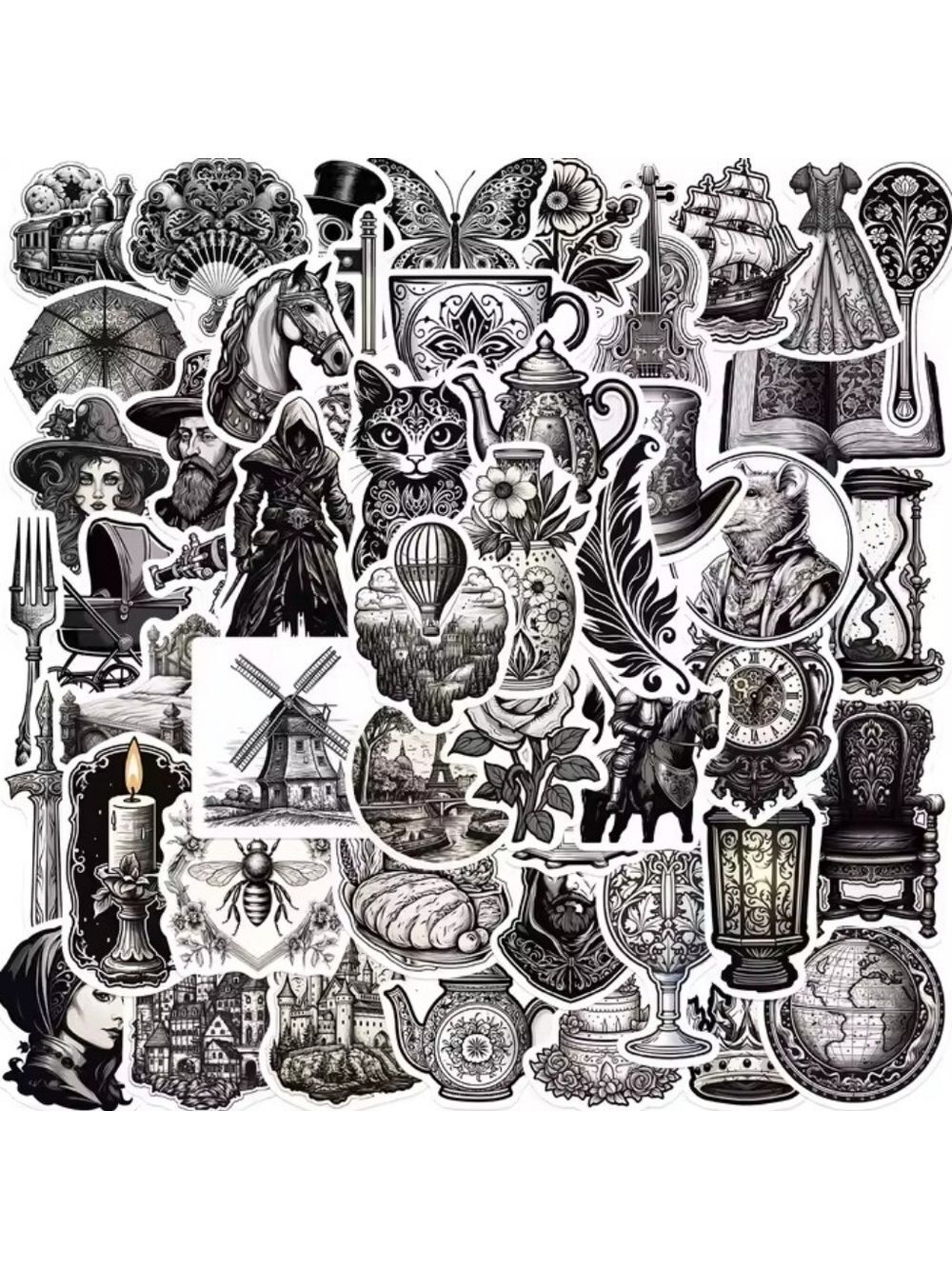 2/$10  30 Piece Vintage Victorian Gothic Era Black and White Sticker Set